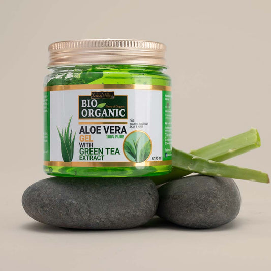 Bio Organic Pure Aloe Vera Gel With Green Tea Extract For Young, Radiant Skin & Hair